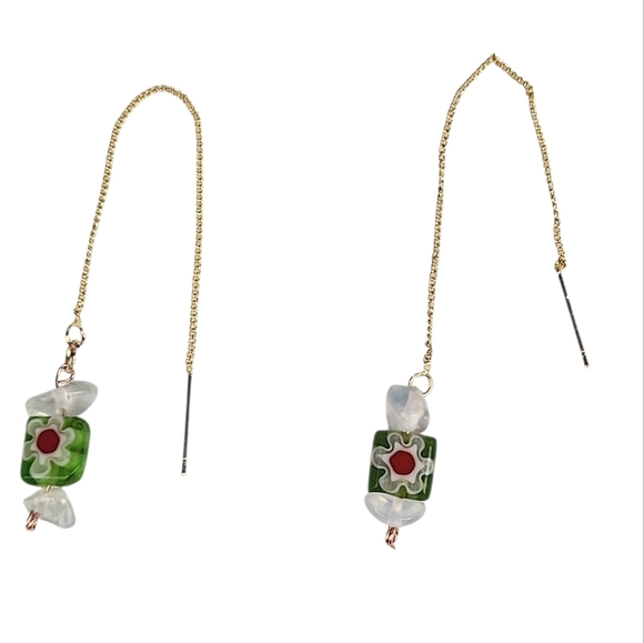 18K Gold Plated Millefiori Lampwork Glass Beads Threader Quartz Earrings - Picture 2 of 2